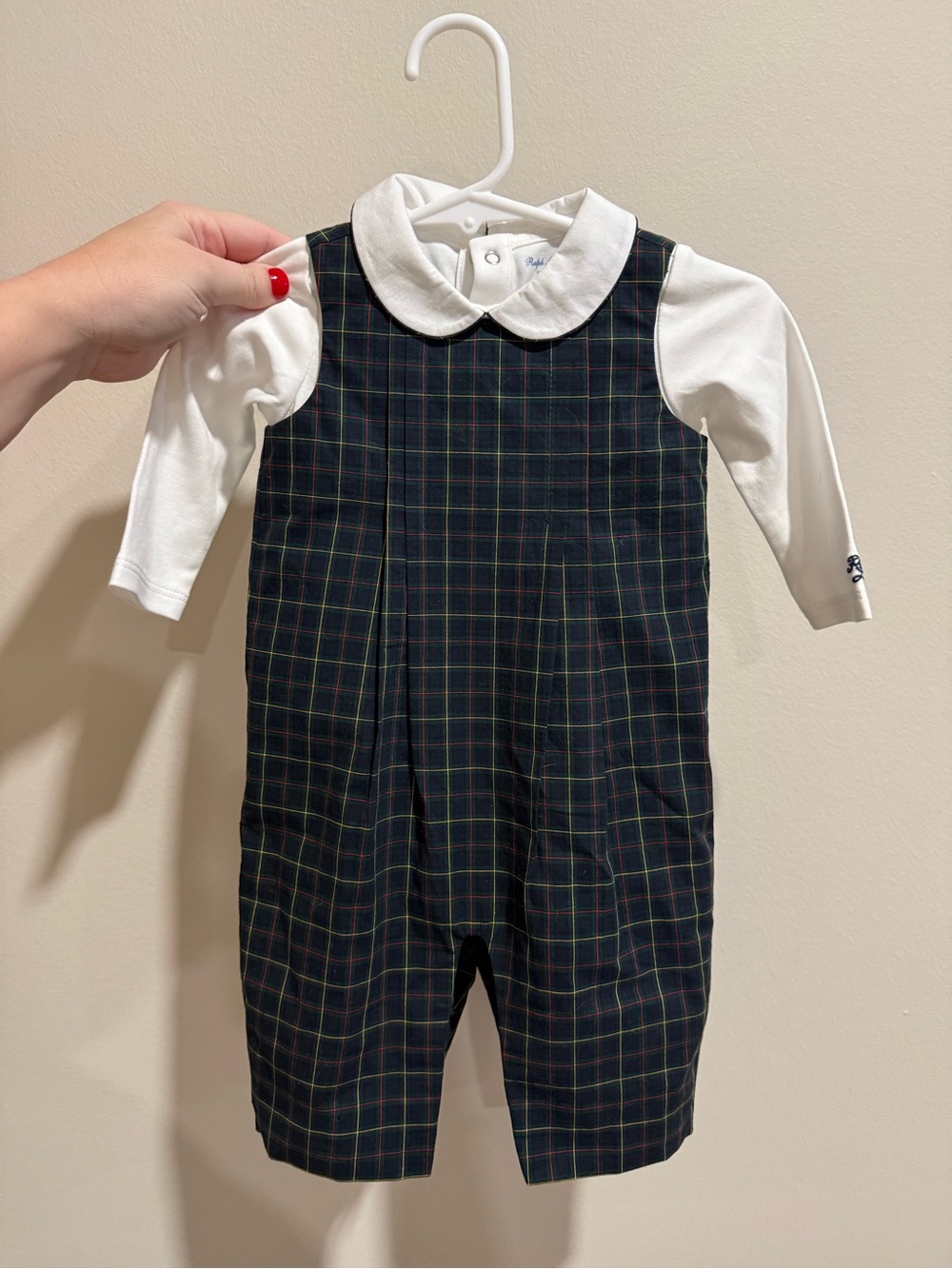 Polo Ralph Lauren Baby 3M Plaid Longall Romper Polo Bear Peter Pan Collar